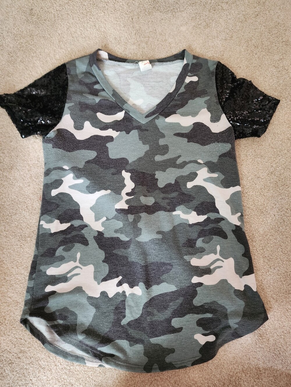 7th Ray Gray Camo V-Neck Top with Black Sequin Sleeves
